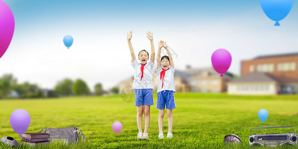 玩气球女孩子草地上玩耍的学生设计图片