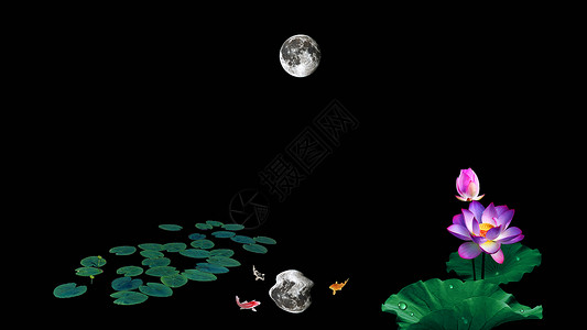 红果花枝和月荷花池中的月亮倒影背景