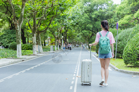 校园内女生拉旅行箱背影背景图片