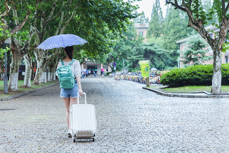 下雨天女生拉旅行箱背影背景图片