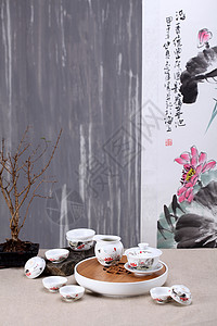 茶叶水墨中国风茶具背景