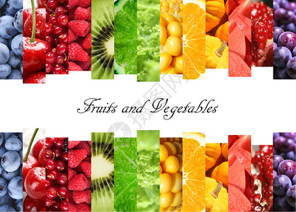 切开葡萄水果和蔬菜拼接的色彩图设计图片