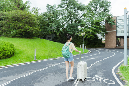 校园里拉着旅行箱的女生背影背景图片