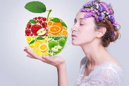 花与食物水果组成的苹果与女人设计图片