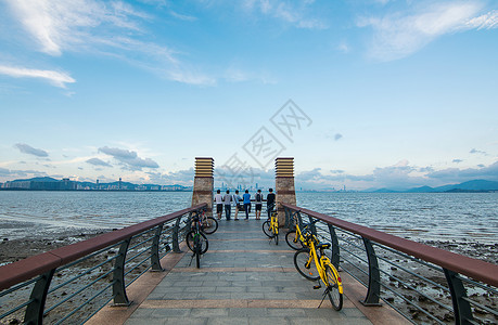 深圳红树湾一群遥望海边的年轻人背景