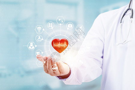 职业卫生医生手持红心形状与医学虚拟屏幕界面设计图片