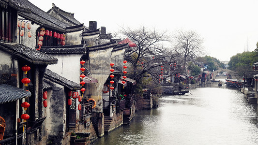 中国风的徽派建筑小桥流水人家古镇背景