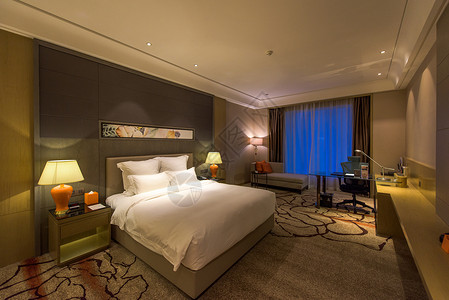 豪华桌椅五星级酒店景观房房间卧室大床背景