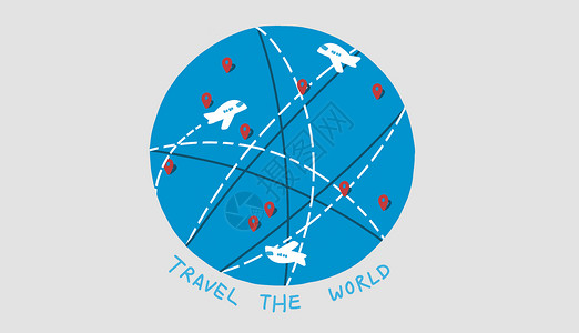 世界地图卡通手绘航线图设计图片