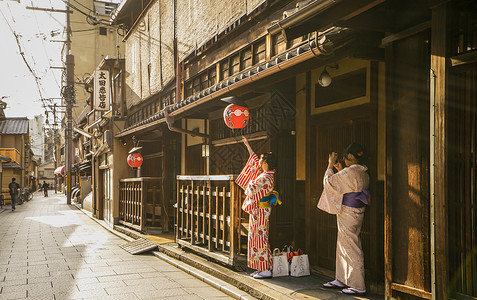 日本老街京都日本和服少女背景