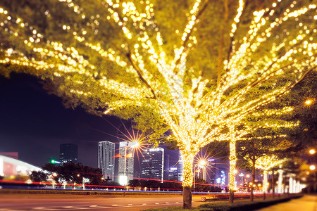 霓虹灯串路边被灯串装扮的树城市夜景背景