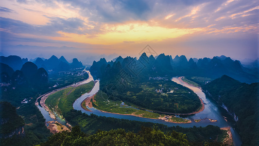 水流旋涡广西阳朔大面山日出全景背景