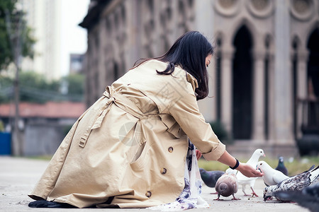 和平与发展武汉古德寺喂鸽子的少女背景