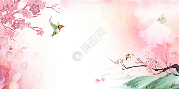 中国风花鸟粉色竹子素材高清图片
