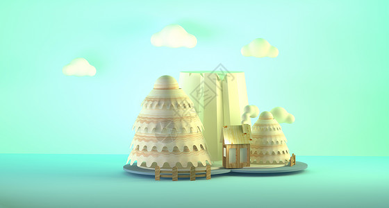 卡通城堡素材冬季小屋模型背景
