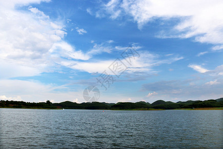 湖水 蓝天白云背景图片