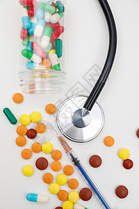 药品与听诊器俯视图背景图片