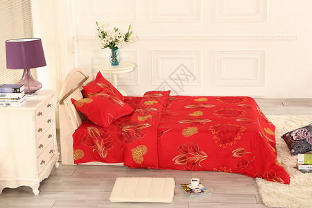 红色家纺素材卧室床上四件套背景