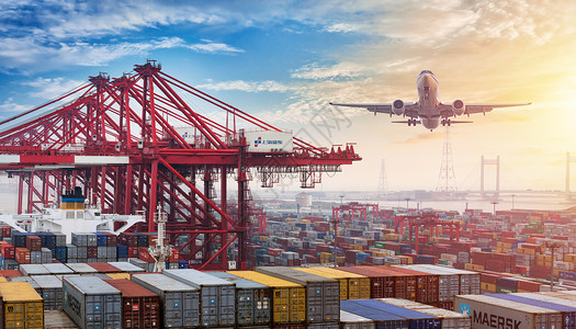 跨境贸易船舶港口与空中飞机图片设计图片