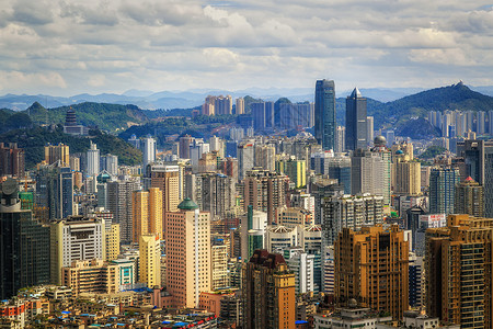 上饶灵山鸟瞰贵阳城市天际线背景