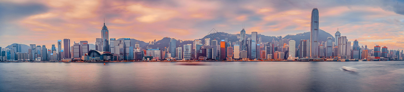 城市夕阳全景香港维多利亚湾日出背景