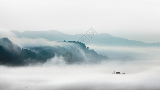山水长图水墨风格的云海雾景背景