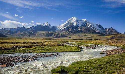 西藏高原上蜿蜒的河流与雪山背景图片