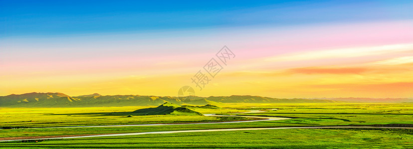 太阳风草原湿地上的晚霞背景