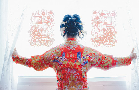 中式服饰纹样中式婚纱新娘背影背景