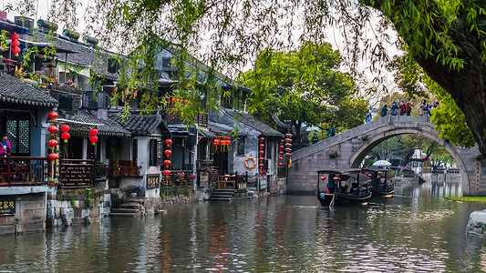 上海城市插画江南水乡西塘柳树船只背景背景