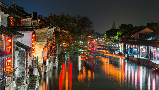 上海城市插画江南水乡西塘夜景背景背景