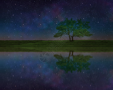 草原晚上星空下的树和倒影背景