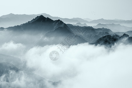 黑白版画山脉云海风景背景