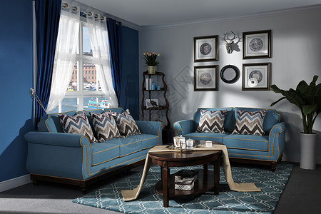 蓝色室内效果图地中海风格的客厅效果图背景