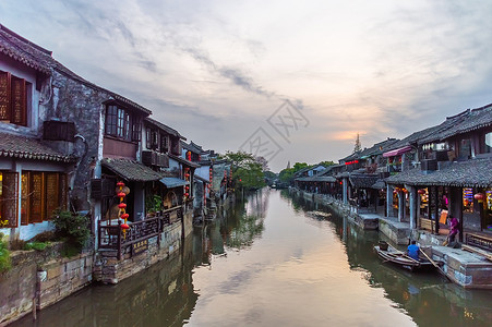 免抠云朵江南水乡西塘天空落日背景背景