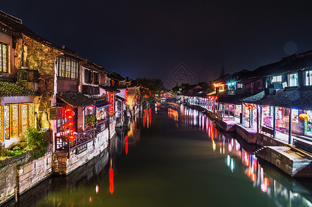 杭州运河夜景江南水乡西塘夜景背景