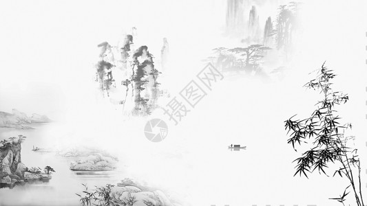 ps素材刚竹水墨风格山水风光的banner背景插画