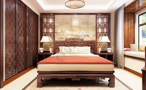 中式床头柜中式家居背景设计图片