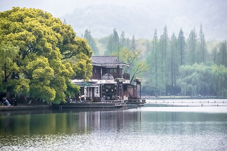 中式插画海报湖边别墅背景背景