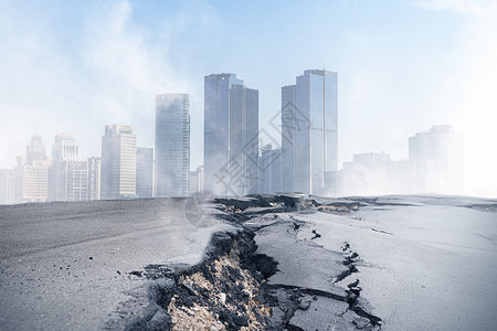 马路建筑城市与裂开的公路设计图片