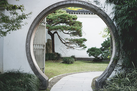 中国园林古建筑圆门背景