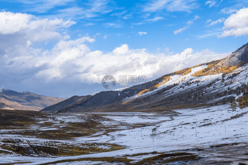 蓝天下的北疆雪山草原图片