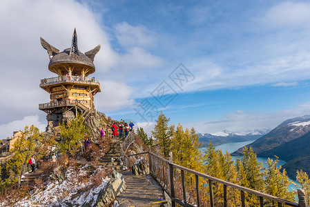 造型图喀纳斯湖地标建筑观鱼台背景