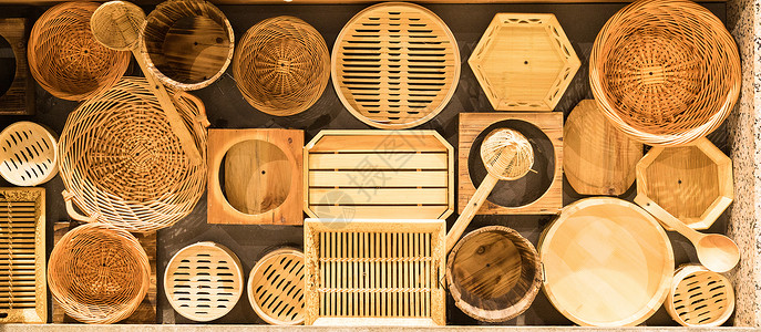复古厨具传统竹制蒸笼餐具背景
