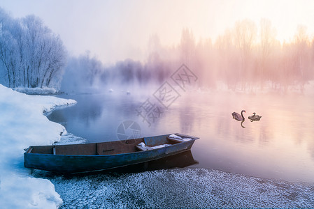 雪景唯美冬天大雪雾凇下的小船天鹅背景