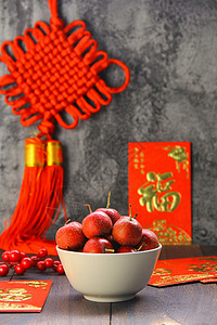 红色中国结山楂静物背景图背景图片