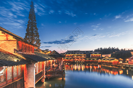 杭州运河夜景乌镇日落晚霞背景