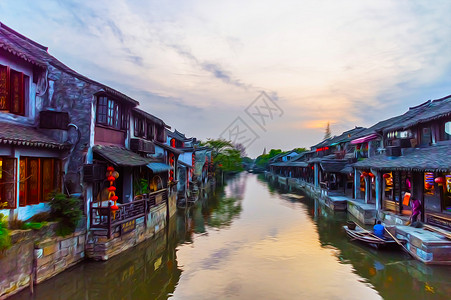 手绘素雅植物江南水乡西塘油画背景背景