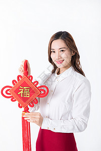 新年商务女性手拿中国结背景图片