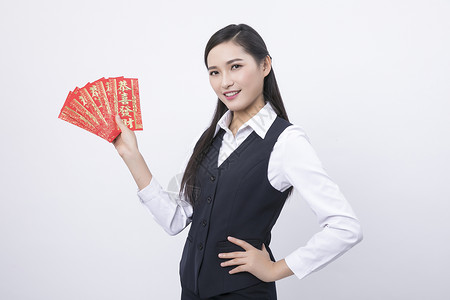 中国风企业手拿红包的商务女性人像背景